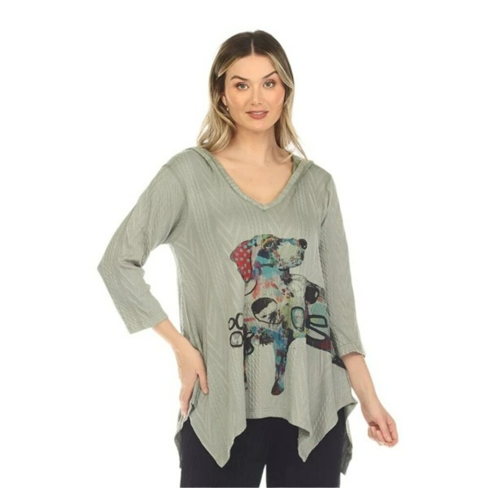 Inoah XL Sage Textured Hooded Tunic Top With Colorful Dog Graphic 3/4 Sleeves 98